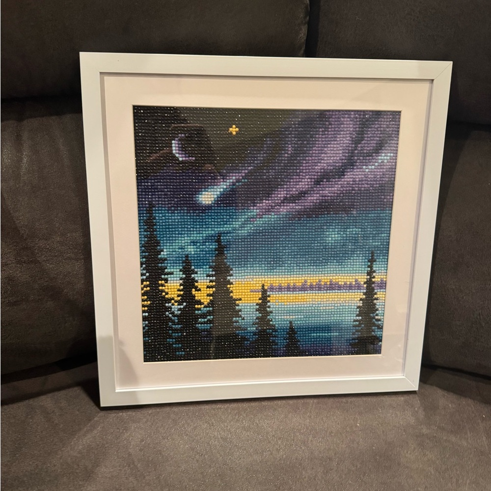 Framed Night Sky Art with Pine Trees